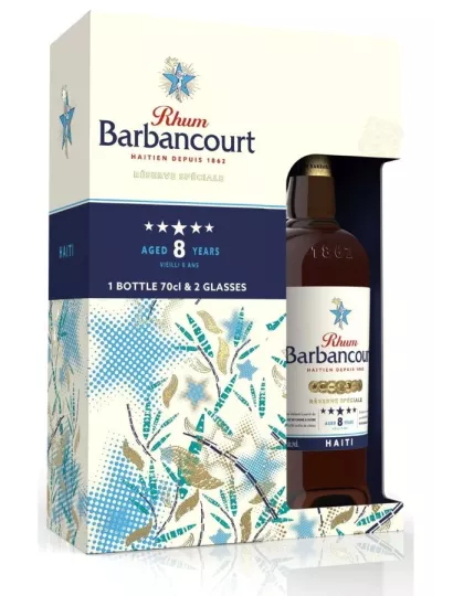 Barbancourt 5 étoiles 8 ans en coffret et 2 verres