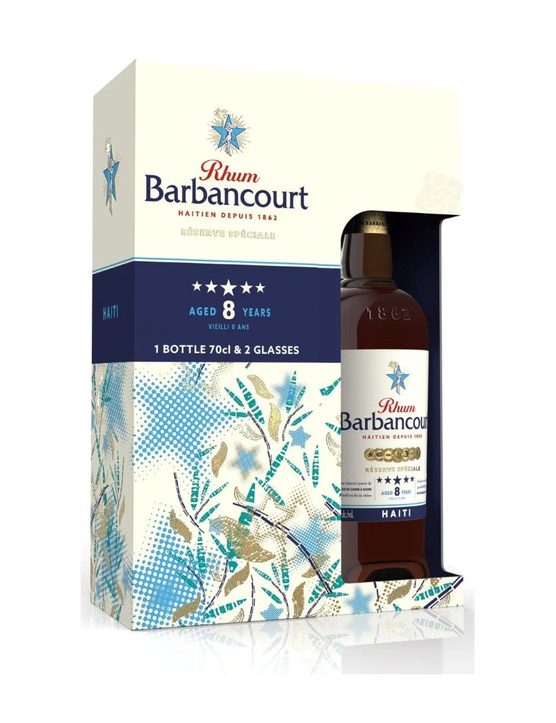 Barbancourt 5 Stars 8 Years in a gift box with 2 glasses.